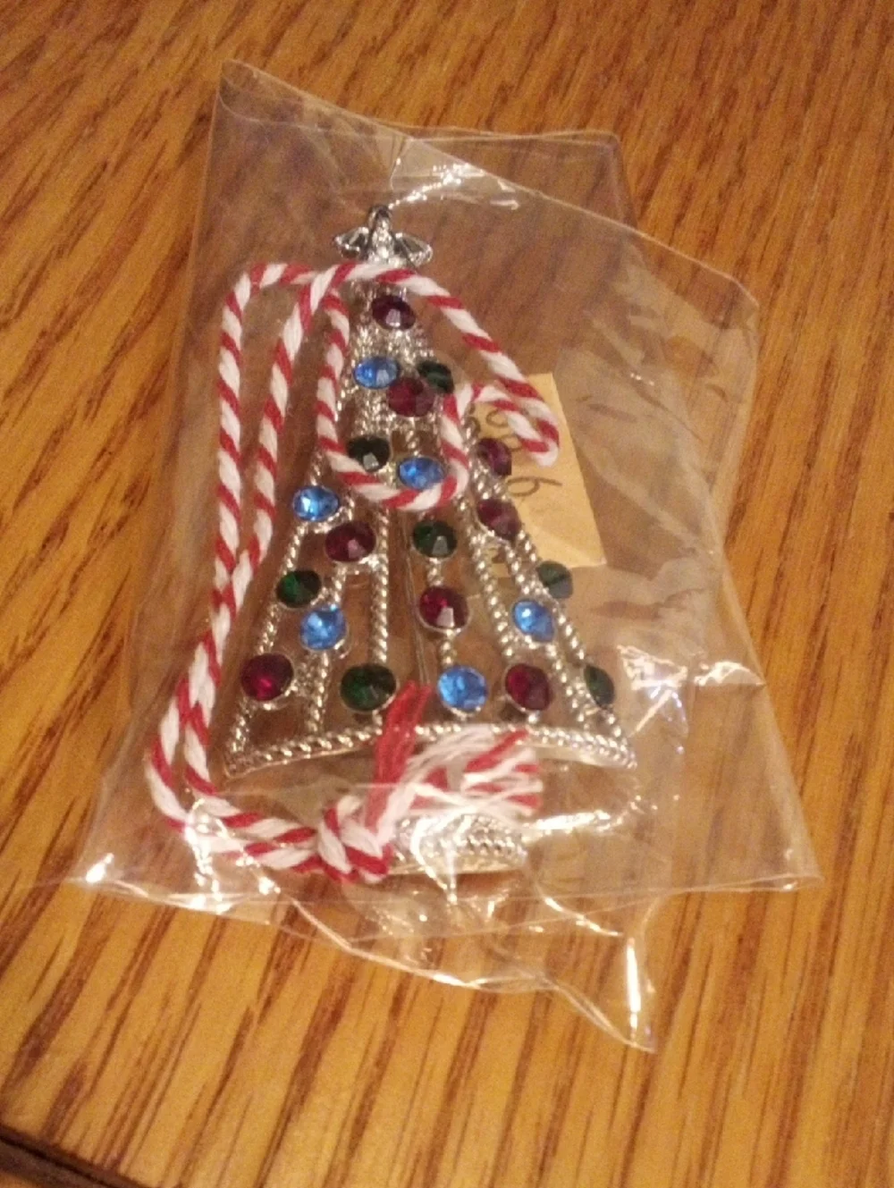 Jeweled Silver-Tone Christmas Tree Ornament with Red and White Cord
